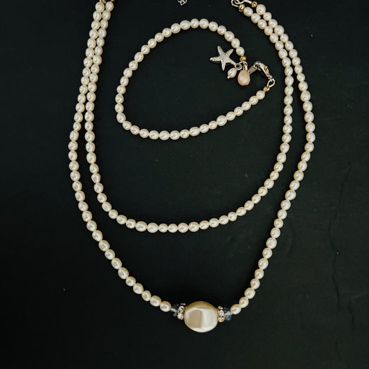 Cultured Pearl Double Strand Necklace and Bracelet Set Silver Tone Blue Swarovski