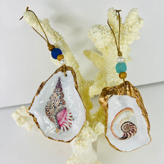 Oyster Shell Ornament Beach Glass Pearl 24K Gold Trim Christmas Set of 2