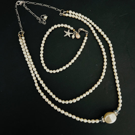 Cultured Pearl Double Strand Necklace and Bracelet Set Silver Tone Blue Swarovski